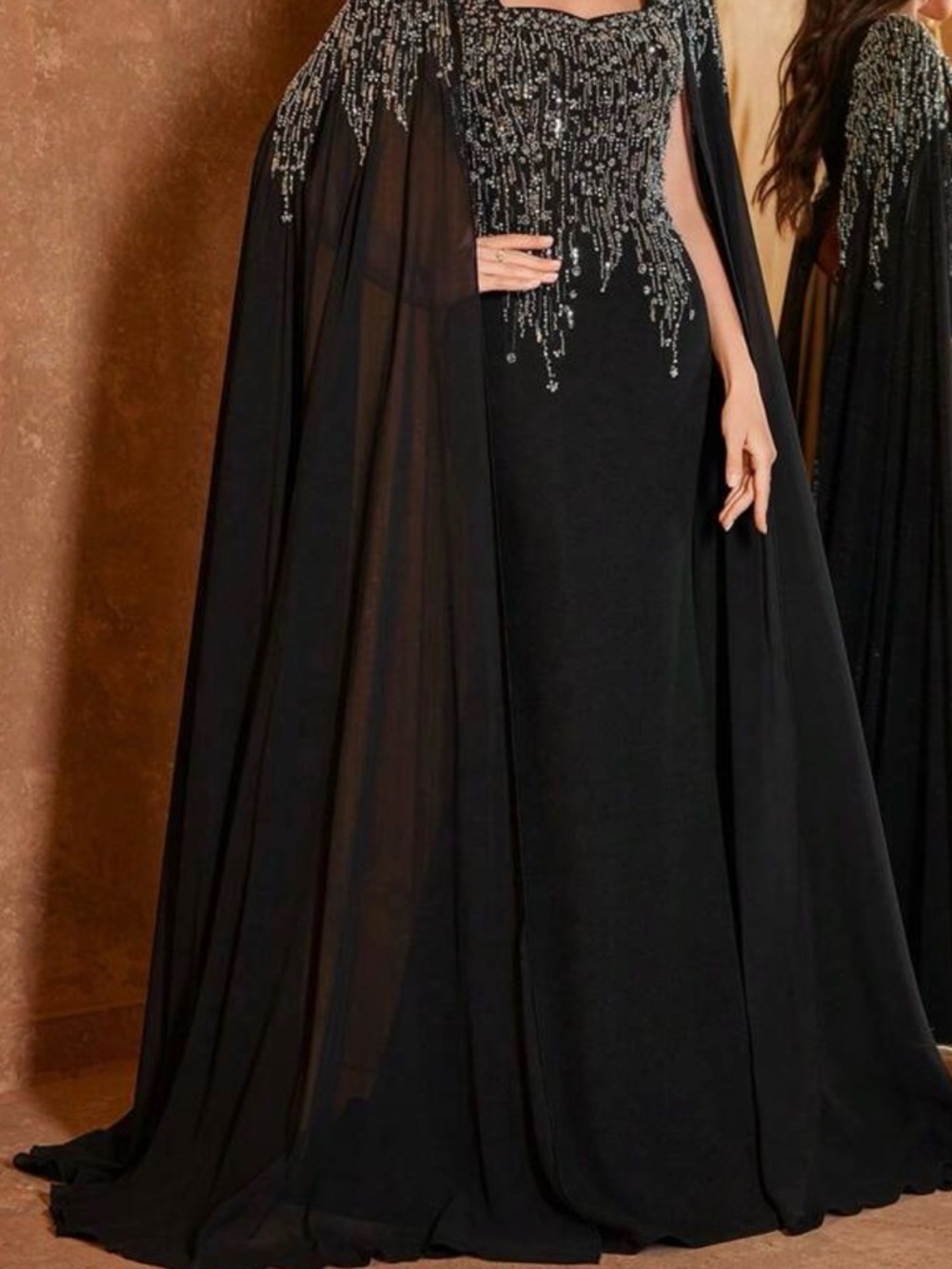 Elegant Black Evening Gown with Beaded Cape